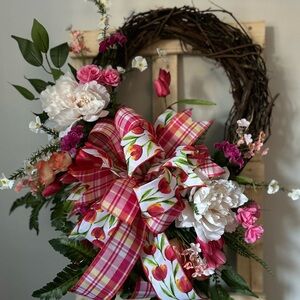 Floral Grapevine Wreath with Pink and White Accents